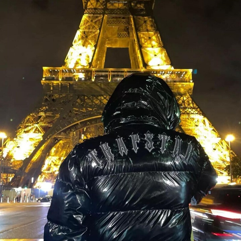 Trapstar American-Style Warm Shiny Pu Leather Detachable Hood Thick Cotton Jacket for Men and Women Drill