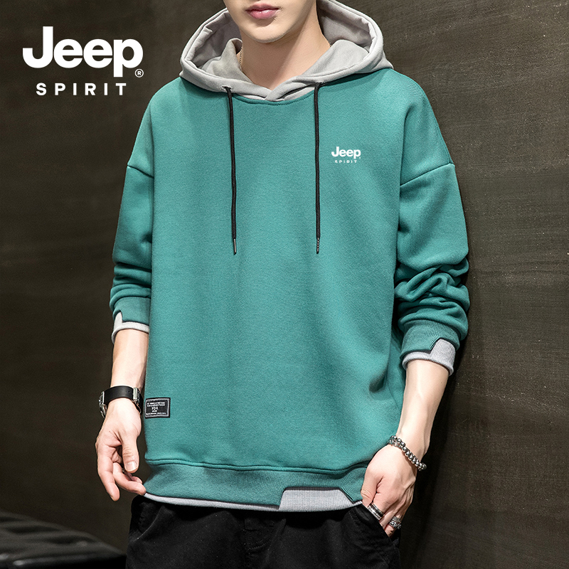 Jeep Fake Two-Piece Sweatshirt for Men, Spring and Autumn Trendy Casual Hooded Jacket, Loose Fit, Autumn and Winter Fleece-Lined Top
