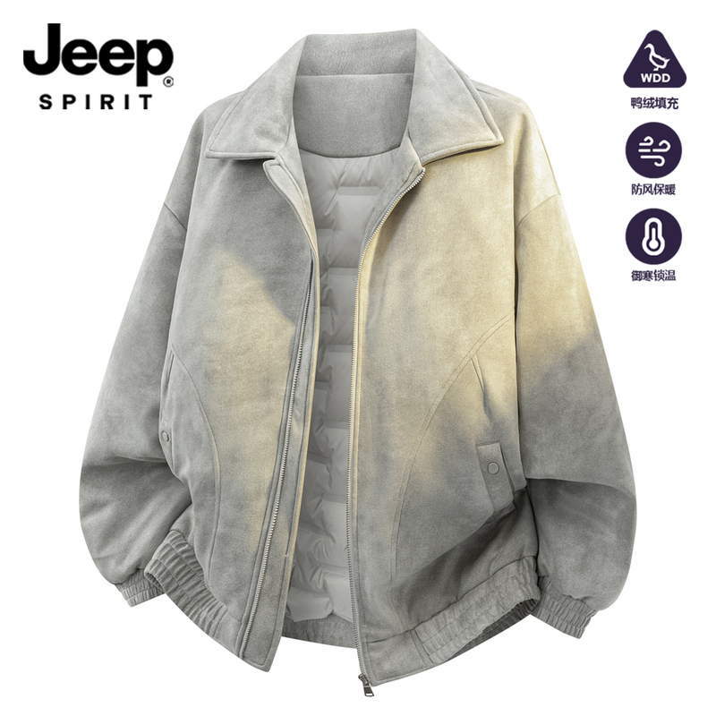Jeep American Retro Lapel down Jacket for Men, Lightweight Windproof and Warm Jacket for Autumn and Winter, Versatile Casual Coat