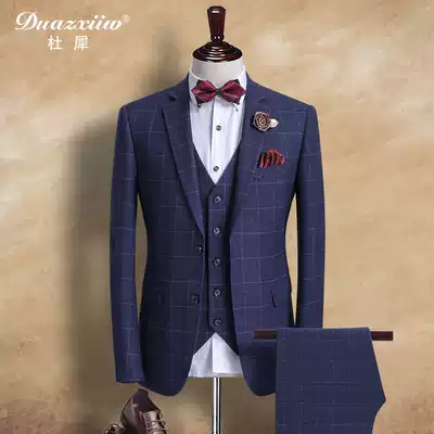 Bridegroom suit suit men's wedding three-piece gentleman suit slim dress elegant plaid suit men's wedding