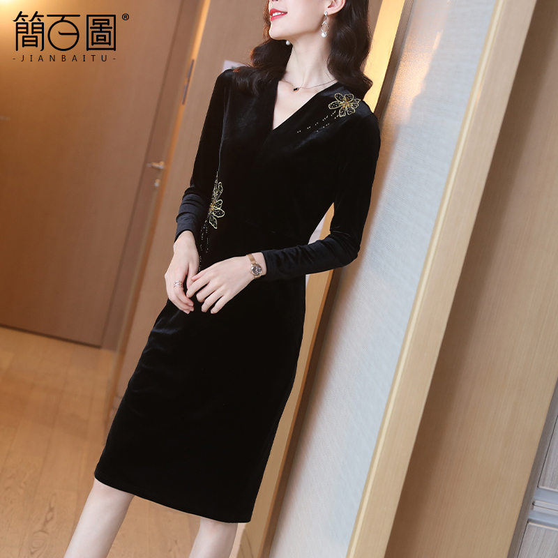 Black gold velvet dress dress woman long sleeve 2022 autumn winter new and noble foreign air fashion temperament v collar a dress-Taobao