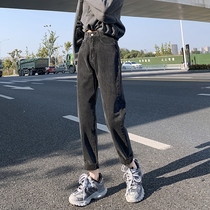  Black and gray high-waisted jeans womens autumn and winter 2020 new loose little man wear Harun dad pants outside