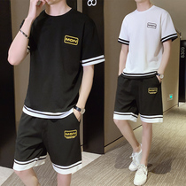 Short-sleeved T-shirt mens loose summer trend boys wear a slightly fat suit with a set of mens trendy mens handsome tide