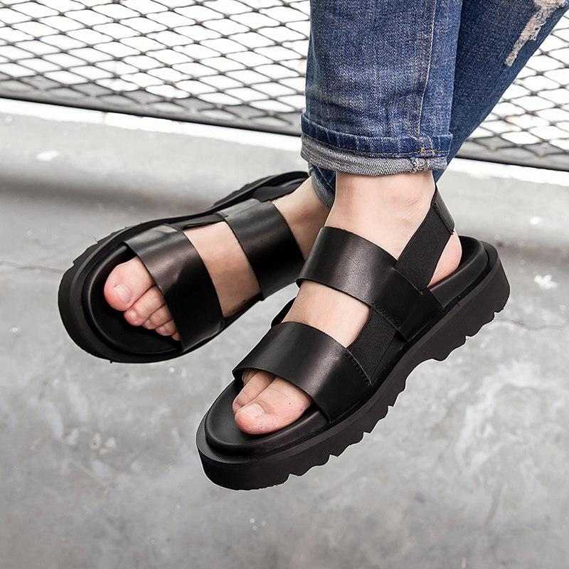 Tide brand men's thick-soled Roman sandals men's leather Korean version personality fashion trend casual set feet elastic beach shoes