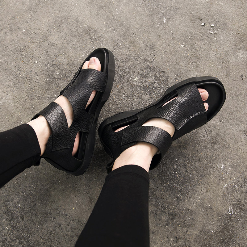 Broken code tide brand high tube leather men's leather sandals tide personality Korean version trend Roman sandals casual beach shoes