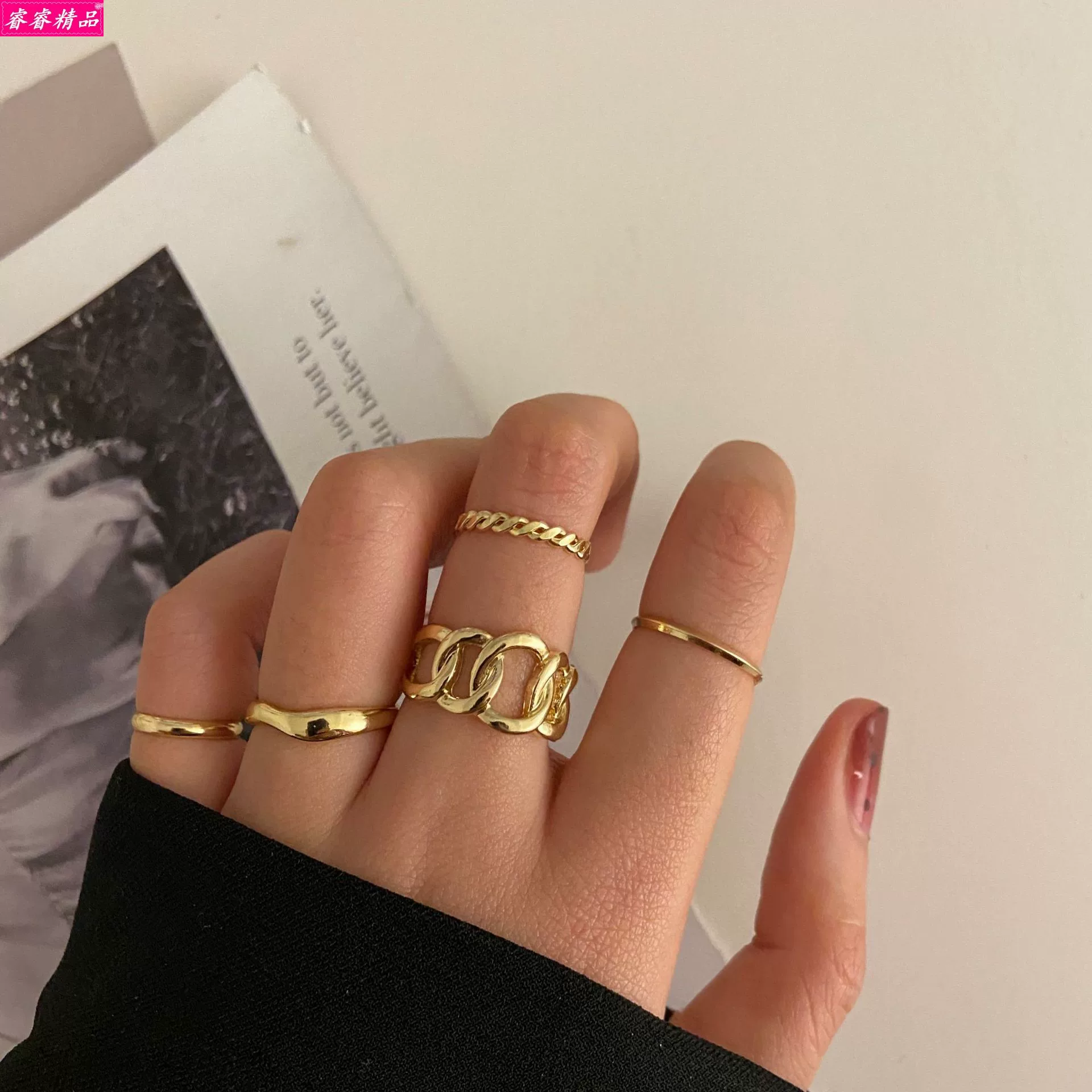 Black Knuckle Ring Set, Creative Multi-Style Alloy Joint Rings, Simple 6-Piece Kit