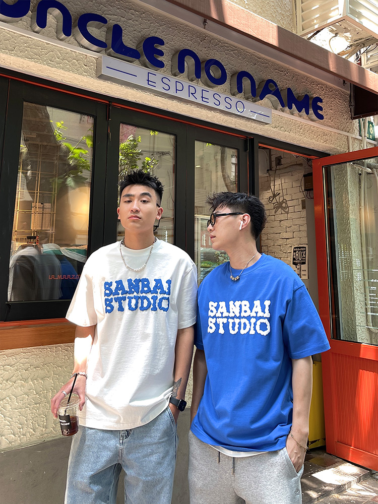 SANBAI Sanbai homemade blue short-sleeved tide brand ins super hot foam printing T-shirt men's loose T-shirt
