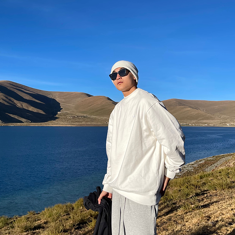 SANBAI Three Hundred Simple Embroidered Round Neck Sweater Men Autumn New Heavyweight Youth Pure Cotton Pullover Bottom Shirt