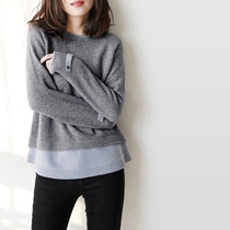Sweater Womens Autumn Winter Lazy Design Superior Sense Temperament Korean Family Hitch Bottom Fake Two Knit Blouse Women Asdf