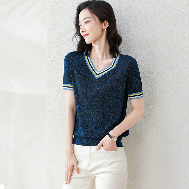 Beisiping thin ice silk pullover V-neck sweater women's short-sleeved summer new loose bright silk top short