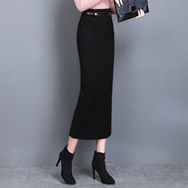 Hair rear opening fork plus suede thickened half body skirt autumn winter Women high waist covety one step bag skirt with long straight cylinder skirt as