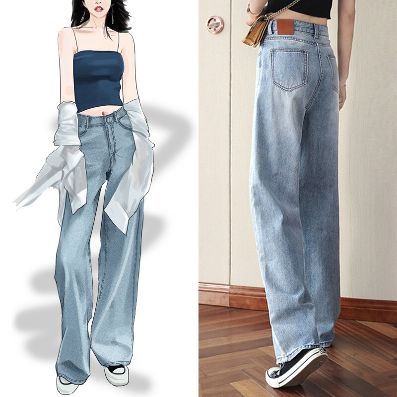 Pure Cotton Blue Jeans Woman Tide 2022 Spring Summer New high waist loose with high subconspicuously slim and wide leg towering pants