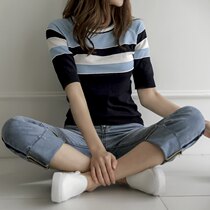 Striped Ice Silk Knit Womens Thin Short Sleeve Slim base shirt 2020 New Short Sleeve Top Spring and Summer