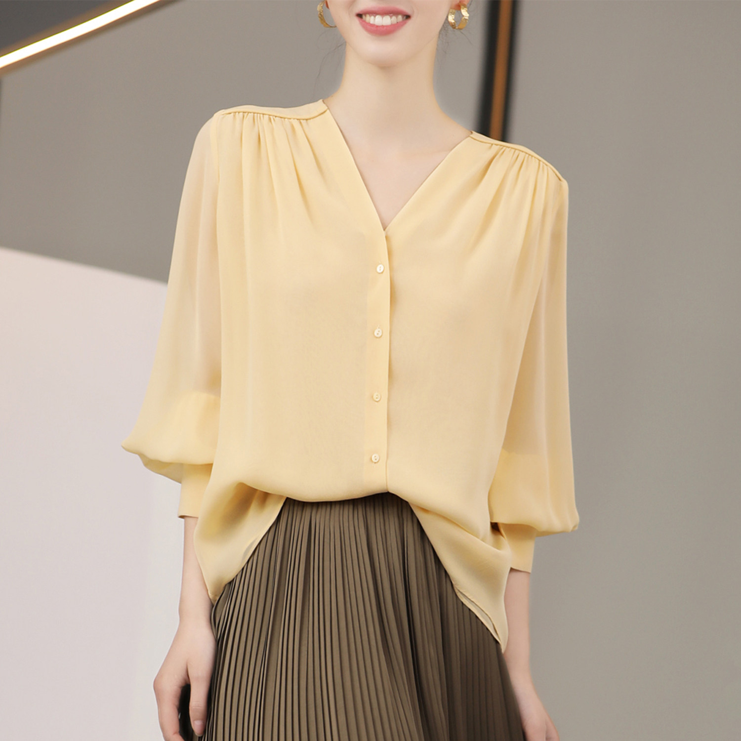 Rong mei (CY1216110) minimalist everyday double layer 6A silk shoulder ruffle shirt top