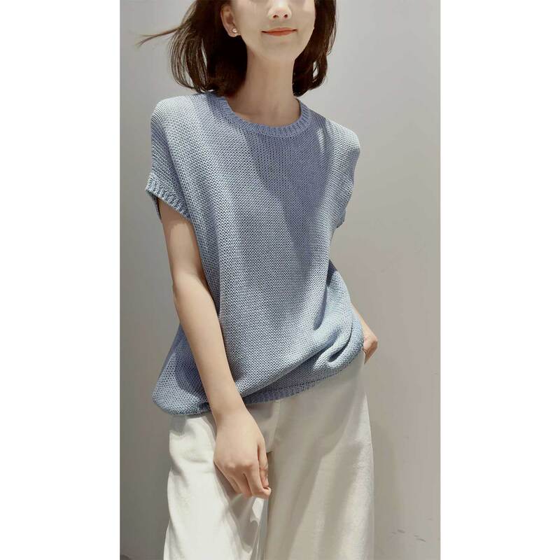 26 New~ "Cloud Breath Holiday Feel" [Dry and Comfortable Japanese Paper Yarn/Freely Comfortable] Round Neck Short-Sleeved Knit Shirt