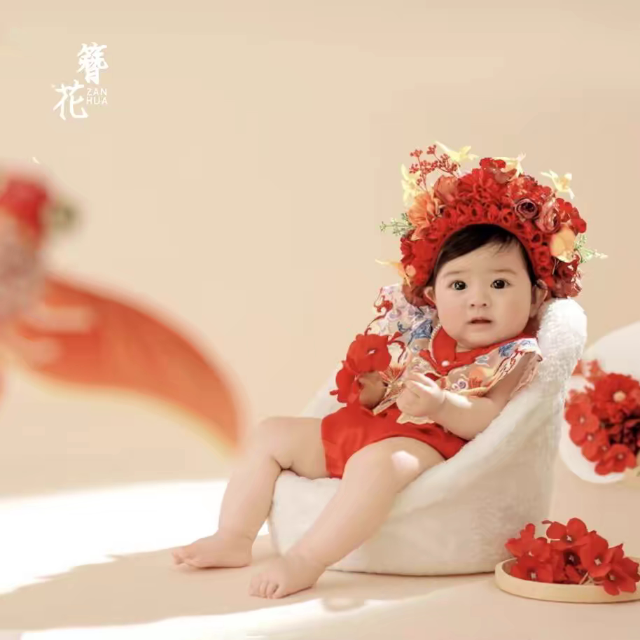 簪花宝宝百天照周岁照：国风艺术照，如何拍出最美的粉色国风婴儿百日照？-其它-淘宝百科网