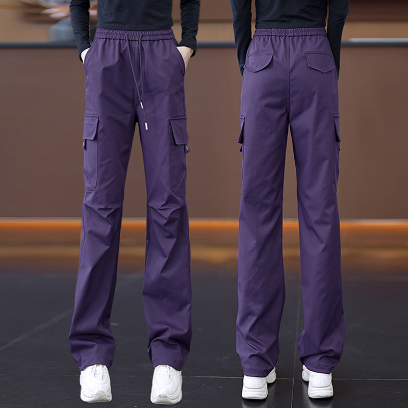 Purple Straight-Leg Cargo Pants for Women, Spring and Autumn 2026 New Style, Elastic Waist Drawstring Sports Casual Pants, Slim Wide-Leg Pants Purple Straight-Leg Cargo Pants for Women, Spring and Autumn 2026 New Style, Elastic Waist Drawstring Sports Casual Pants, Slim Wide-Leg Pants
