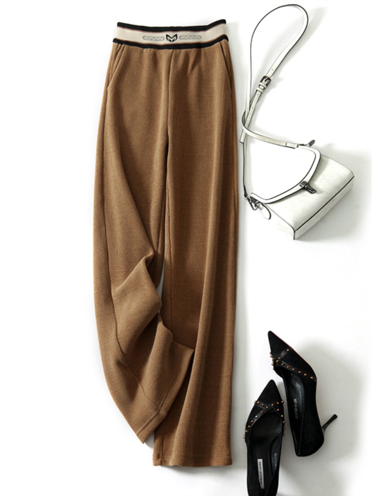 女士休闲裤女2023新款秋季高腰直筒高级雪尼尔时尚显瘦黑色阔腿裤