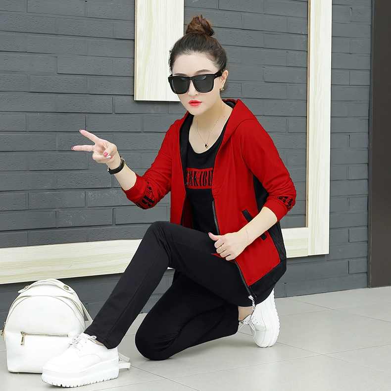 Trang phục thể thao giản dị phù hợp với nữ 2018 xuân hè thời trang mới thời trang cỡ lớn áo len trùm đầu rộng ba bộ thủy triều áo sơ mi nữ cổ trụ