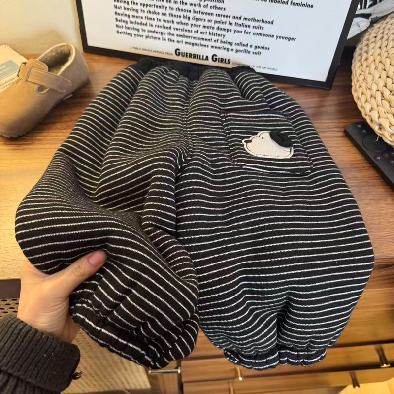 Children's Thickened Alpaca Wool Korean-Style Striped Sweatpants, New Autumn and Winter Warm Cuffed Casual Pants for Boys and Girls