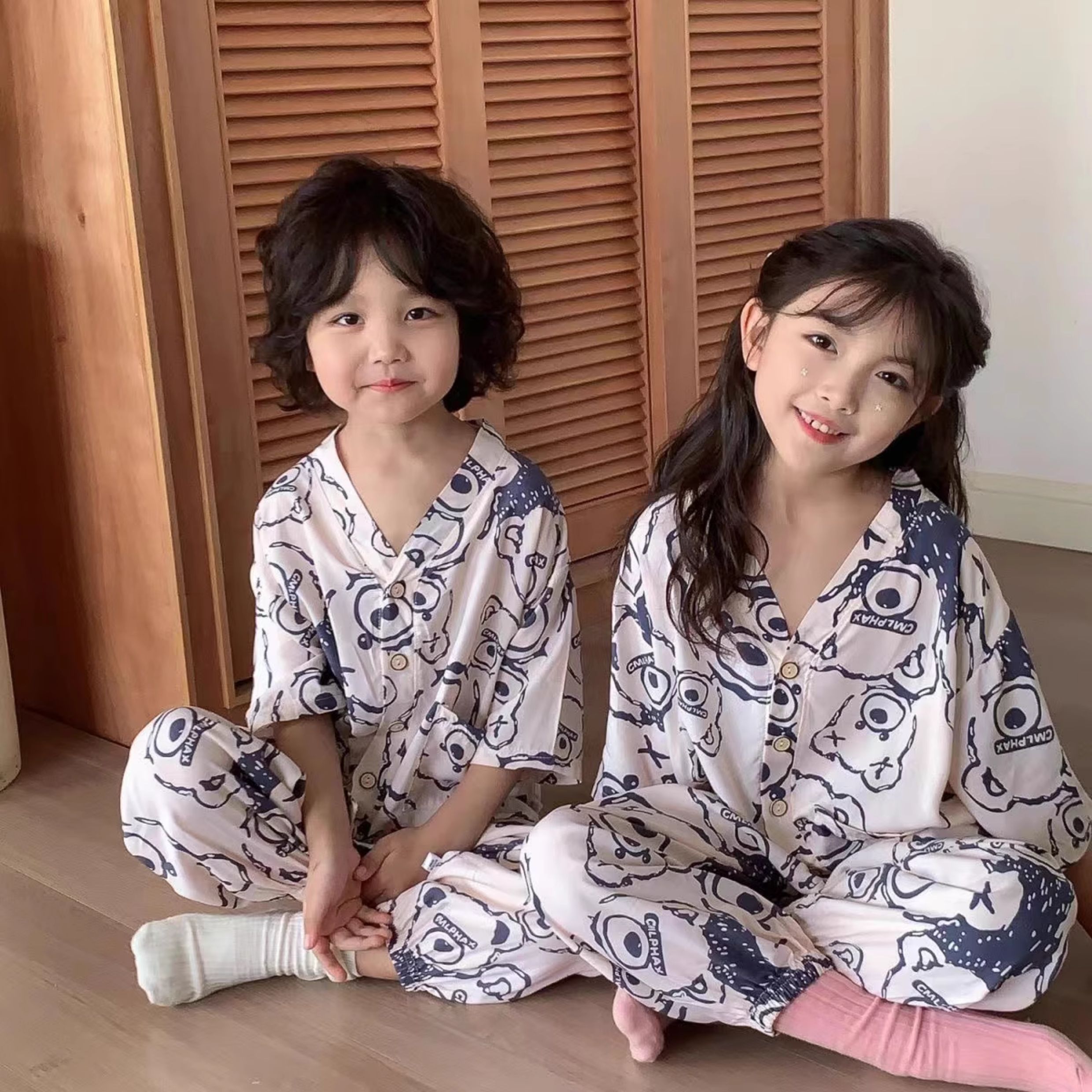 儿童家居服绵绸套装夏季男女童睡衣人造棉两件套透气棉绸空调服 — 2
