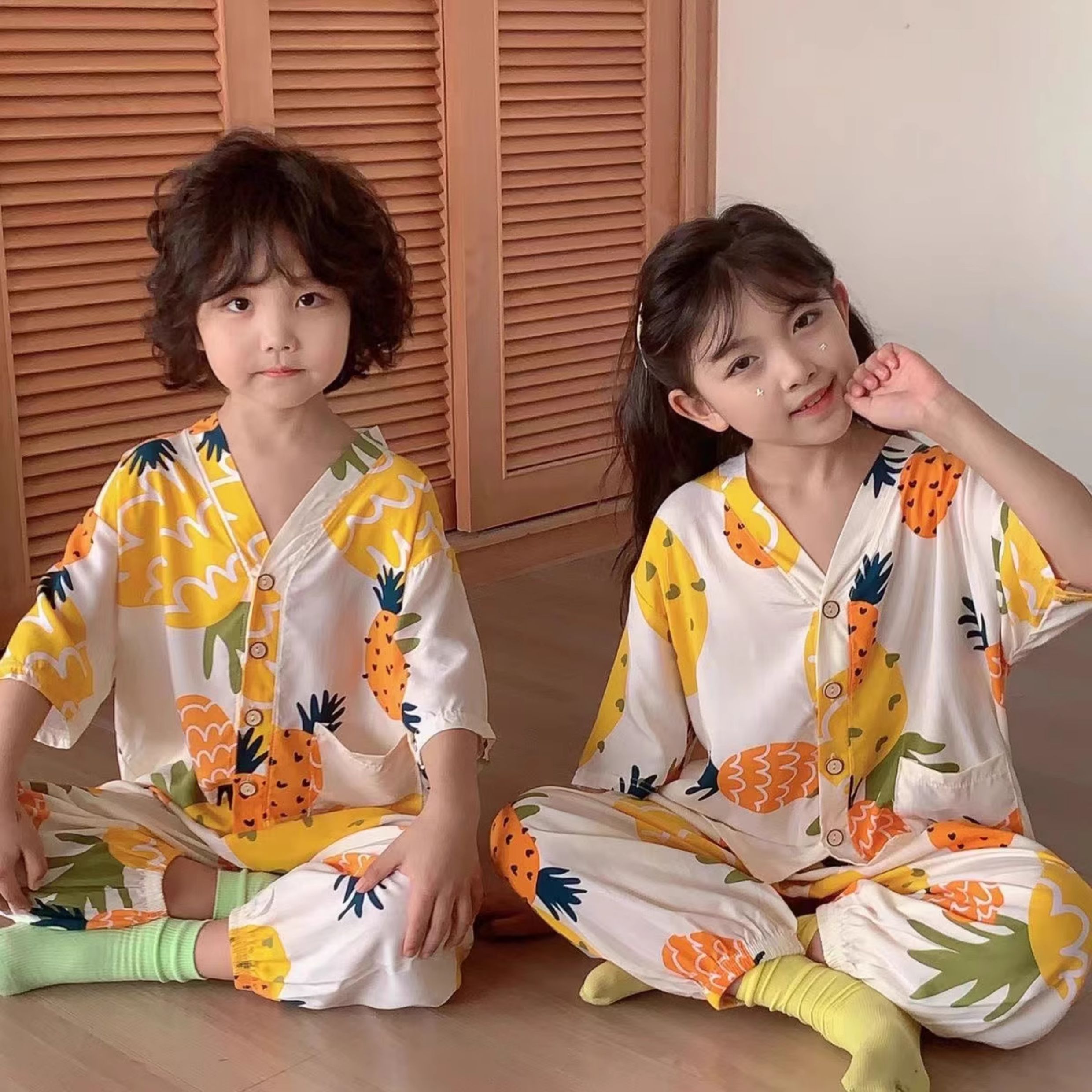 儿童家居服绵绸套装夏季男女童睡衣人造棉两件套透气棉绸空调服 — 1