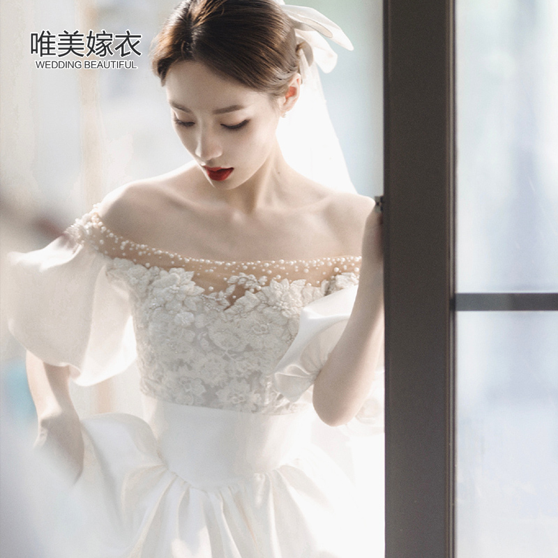 A word of wedding dress 2022 new bride satin drag the bride Sen senior minimalist small master yarn