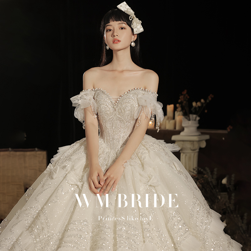 Wedding dress 2022 new bride one word shoulder long trailing high-end texture light luxury temperament high-end heavy industry Korean style high-definition
