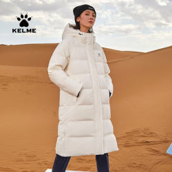 KELME Kalmei Sports Down Jacket ແມ່ຍິງກາງຍາວເກີນຫົວເຂົ່າຂອງແມ່ຍິງຫນາຫນາອົບອຸ່ນສີຂາວເປັດລົງລະດູຫນາວແບບໃຫມ່