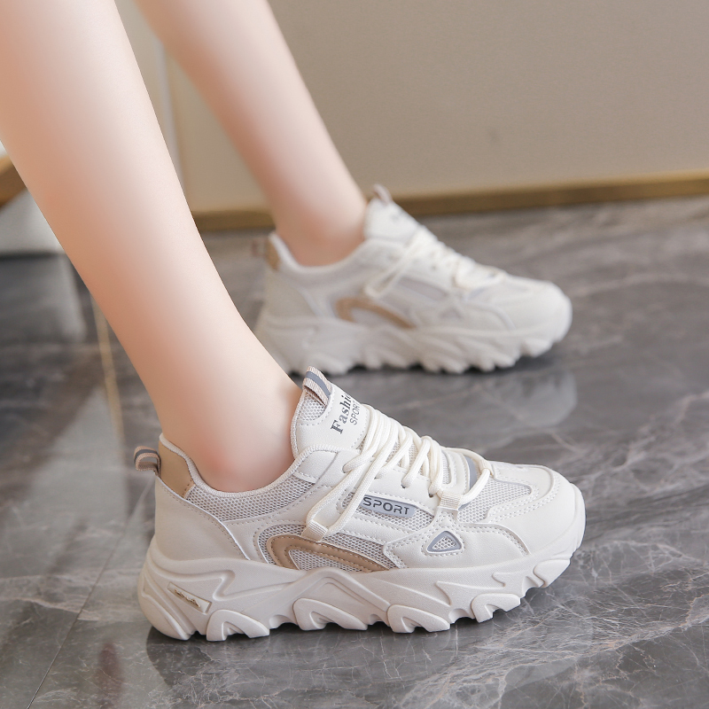 Qiao Zhou Genuine Women's Shoes, Genuine Leather Dad Shoes, Women's Summer New Breathable White Shoes, Student Shock-Absorbing Soft-Soled Sneakers
