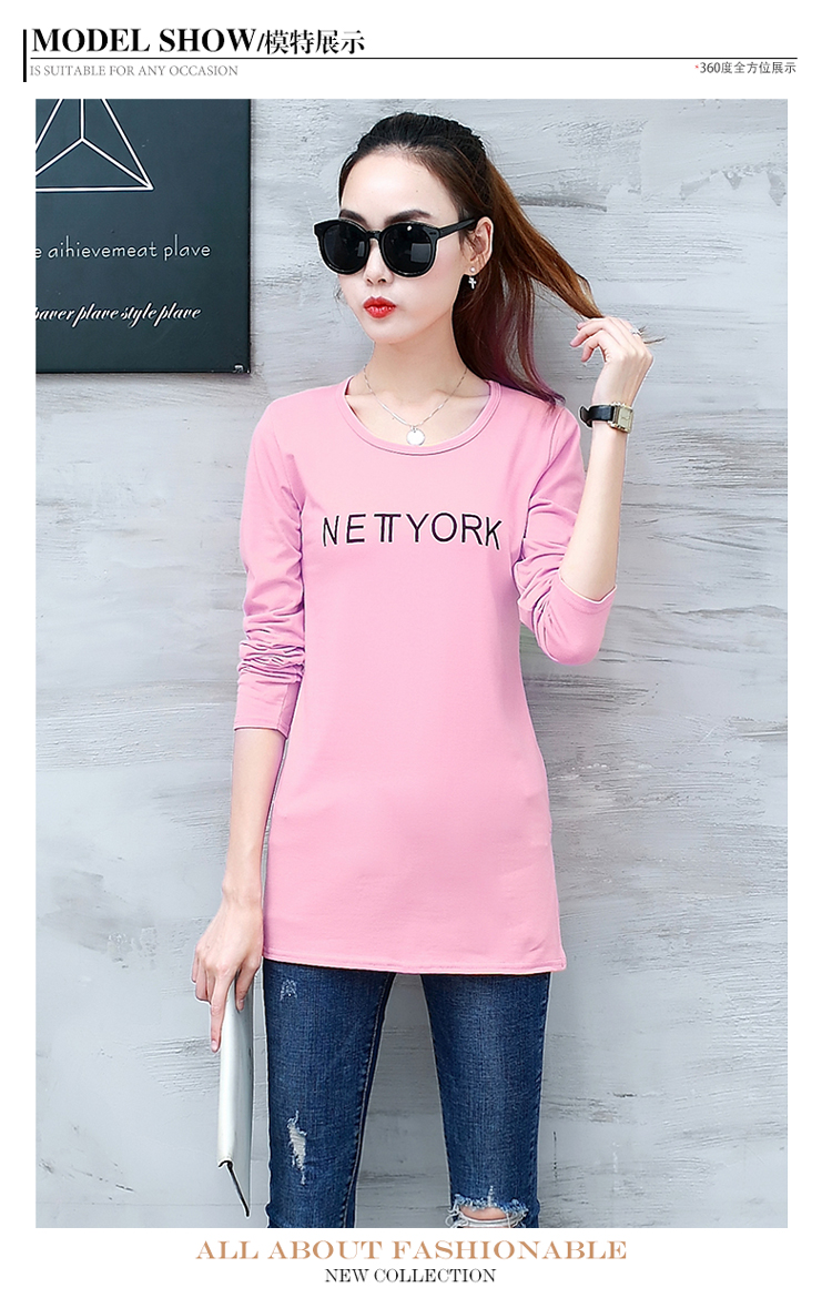 Áo dài tay nhỏ phần dài áo thun cotton chạm đáy áo phông giản dị T có phần giữa mùa thu mặc quần áo mùa thu và mùa thu nữ áo polo nữ form rộng