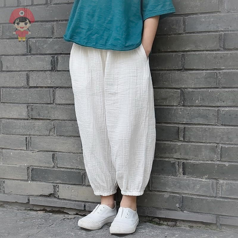 Girls Anti-mosquito Pants Summer Thin Linen Boys Beam Cotton Gauze Bloomers Solid Color Summer Loose Casual Pants