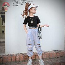Summer knitted girl pants Harun Broken Cave Pants Loose Casual Street Dance Outfit Children Cool Handsome Net Red Beggar Pants