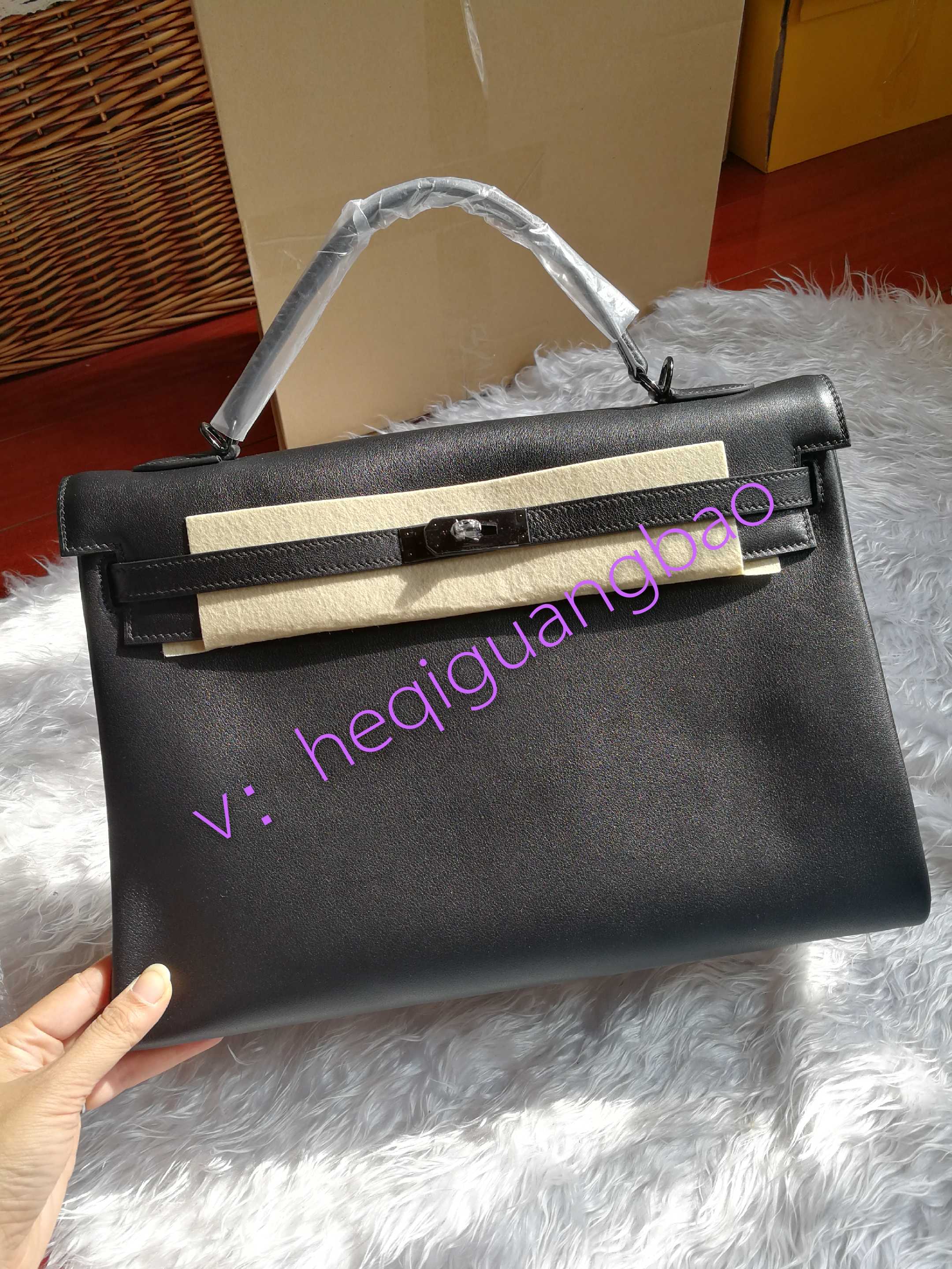 35cm black swift leather so black hand-stitched wax thread Kelly KL bag hand-held one-shoulder unisex
