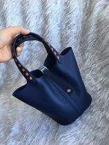 Hand stitched wax thread dark blue with woven handle vegetable basket bucket bag original epsom leather multicolor spot 18cm