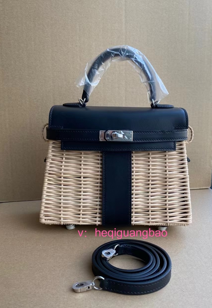 Full hand-stitched wax thread KL mini 20cm rattan weaving and black Swift leather hand-held single-shoulder Messenger women's bag special
