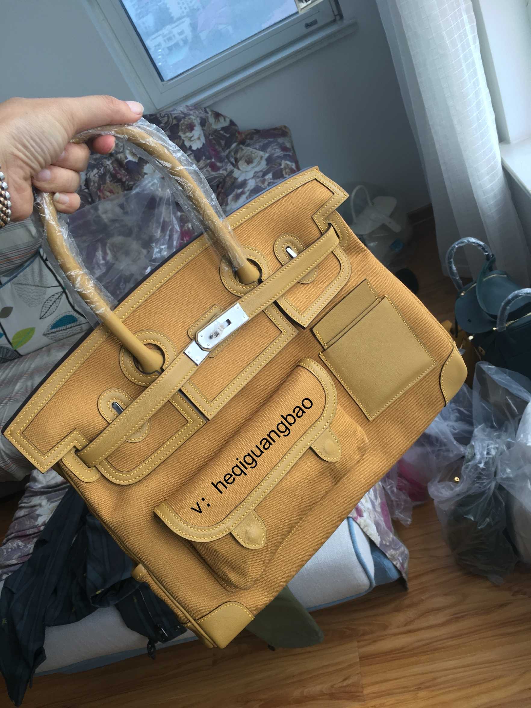 35bk new canvas and swift leather hand-sewn imported wax thread unisex portable platinum bag real shot - Taobao