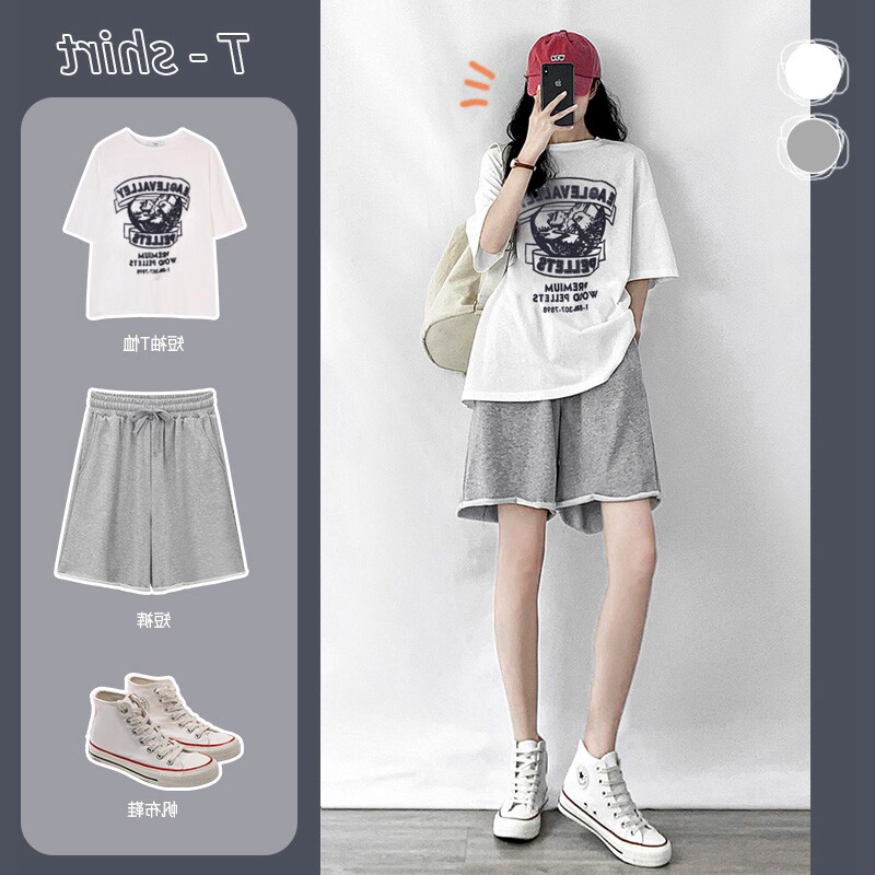 2022 New internet Red Fried Street Fashion Reduced Age Small Subcasual T-shirt Shorts Pro two-style suit Women Summer