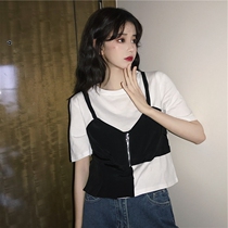 Summer 2021 New Tide short jacket niche design sense Port wind fake two short sleeve t-shirt women