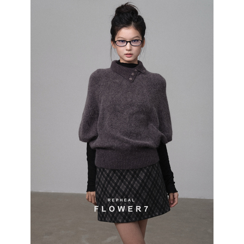 【7画的花 Flower7】Lapel Diagonal Button Cape Knit Top Rabbit Fur Waist-Cinching Mid-Sleeve Pullover Sweater