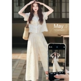 Летняя одежда, кружевная футболка, штаны, комплект, в стиле Шанель, короткий рукав