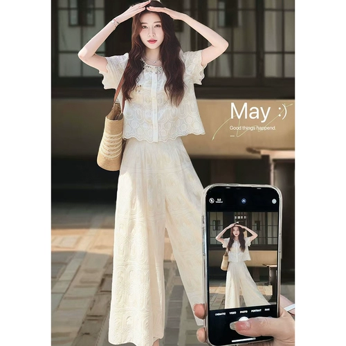 Летняя одежда, кружевная футболка, штаны, комплект, в стиле Шанель, короткий рукав