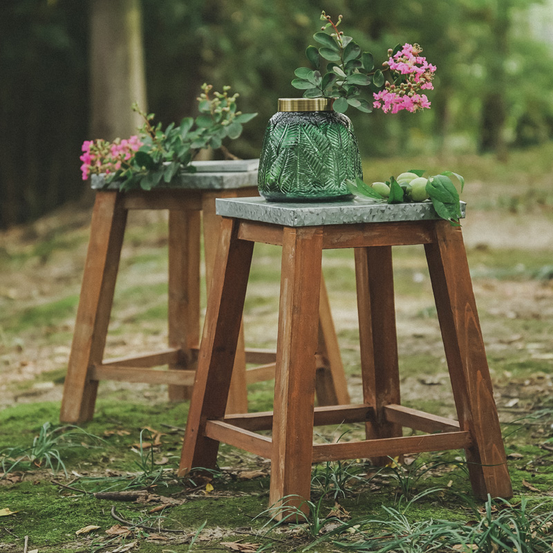 Retro-gray blue wood bench flower frame with iron-skin solid wood balcony plant pot green rot pot