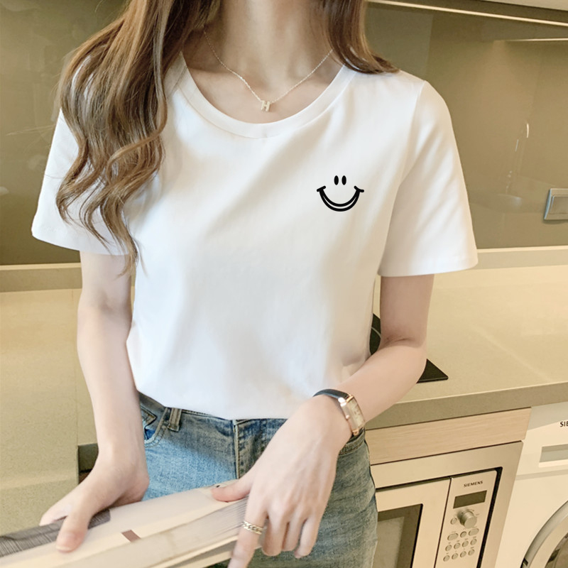Pure cotton white t-shirt women's short-sleeved top summer 2022 new loose large half-sleeved smiley body shirt ins tide