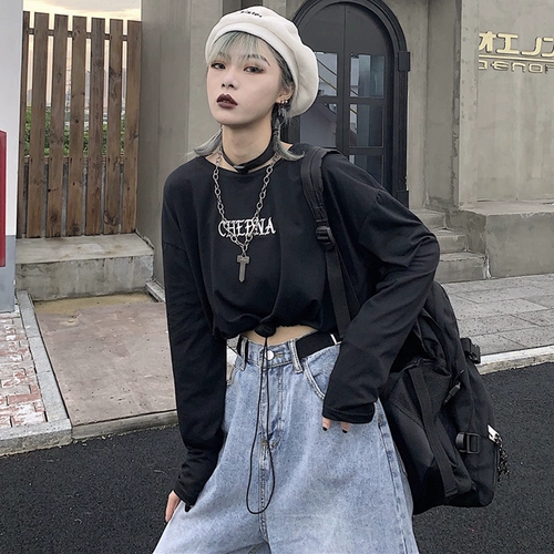 Брендовый короткий лонгслив в стиле хип-хоп, высокая талия, в корейском стиле