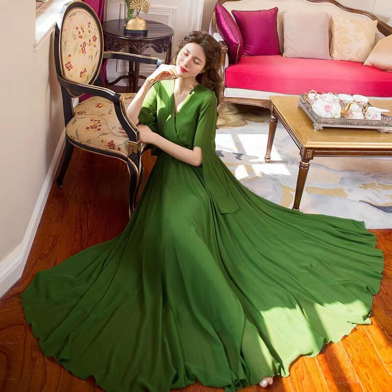Bohemian V Neck Chiffon Pure Color Dress Spring & Fall 23 New Style Water Sleeve Elastic Waist to Ankle Long Skirt Bohemian V Neck Chiffon Pure Color Dress Spring & Fall 23 New Style Water Sleeve Elastic Waist to Ankle Long Skirt