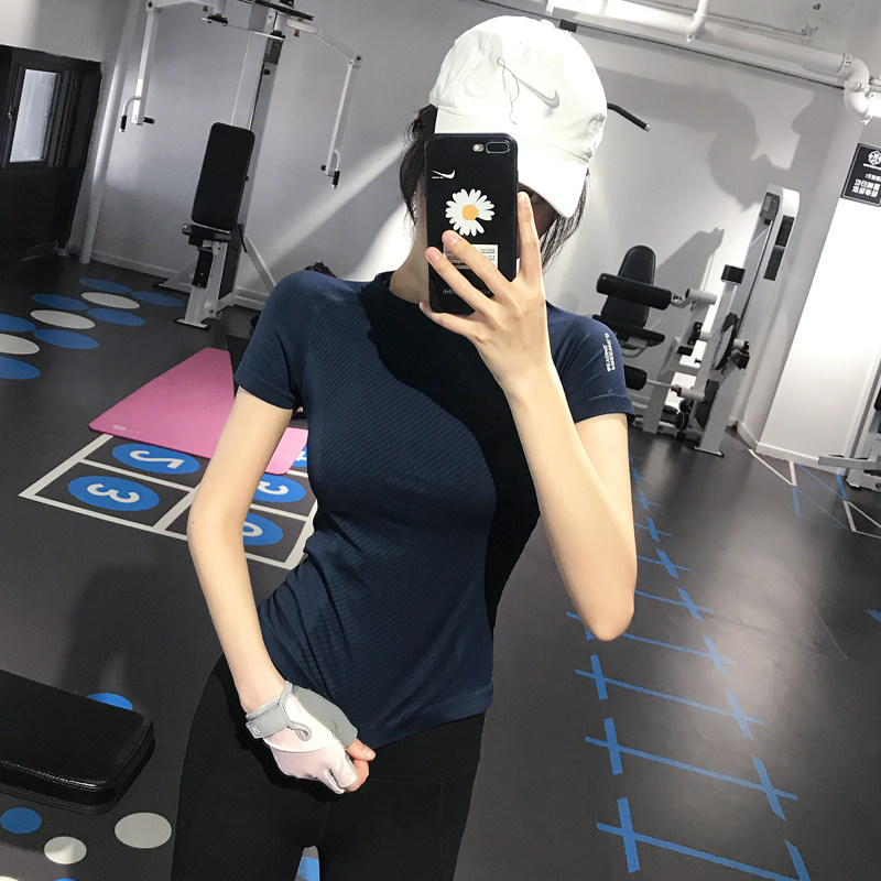 Blue pattern sports top women's running T-shirt thin fitness clothes summer thin skinny round neck training yoga short sleeve