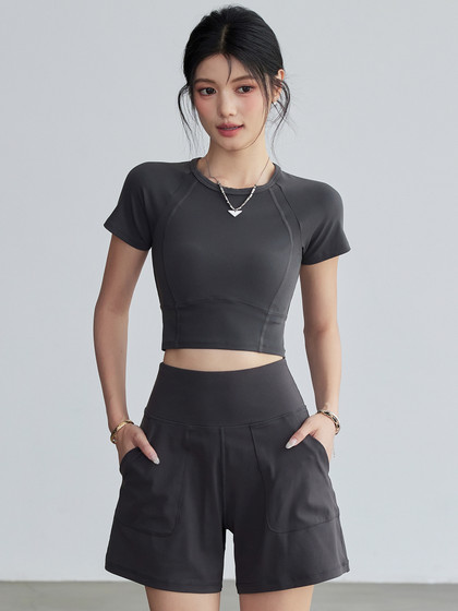 LAN 패턴의 짧은 요가 여성 스트레치 필라테스 피트니스 짧은 슬라이드 apple-drying 통기성 스포츠 티셔츠 여름 thin