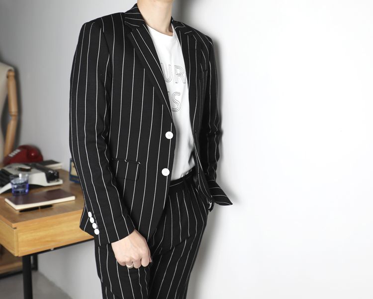 BIGGEZI British high street thin slim slim suit suit black sọc dọc tính khí giản dị phù hợp với hai mảnh - Suit phù hợp vest nam đẹp