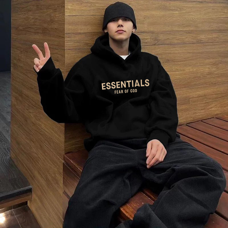 Fog Multi-Line Essentials New Two-Letter Flocking Print Hooded Sweatshirt for Men and Women, Loose Hoodie for Couples
